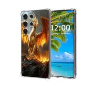 ETLKJVBL for Samsung Galaxy S24 Ultra Case,Golden Dragon Standing On Fiery Rocks High-Definition Painted Back Cover with Soft Transparent TPU Bumper, Shockproof Protective Case