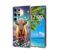 ETLKJVBL for Samsung Galaxy S24 Ultra Case, Highland Cow in Moonlit Flower Meadow High-Definition Painted Back Cover with Soft Transparent TPU Bumper, Shockproof Protective for S24 Ultra Phone Case