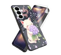 ETLKJVBL for Samsung Galaxy S26 Plus Case, Lucky Day Cat High-Definition Painted Glass Back Cover with Soft Silicone TPU Bumper, Shockproof Protective