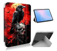 ETLKJVBL for Samsung Galaxy Tab A9 Plus Case, Slim Clear Cover with Pencil Holder, Multi-Angle Y-Stand, Auto Sleep/Wake, Raven on Skull with Red Moonlight Lightweight Tablet Case