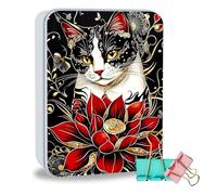 ETLKJVBL Metal Tin Box Sturdy Metal Storage Box with Lid, Large Container Holder for TCG Cards, Cookies, Car Keys and More, 7.1x4.7x2.0 Inch Tin Containers for Gift, Cat Red Lotus Flower