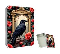 ETLKJVBL Mini Pocket Metal Tin with Lid, Black Raven with Red Roses 3.5"x2.4"x0.7" Small Portable Pill Box & Mint Case - Cute EDC Travel Organizer for Earbuds, Jewelry & Coins