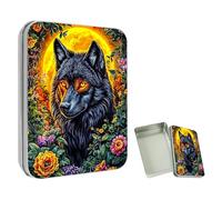 ETLKJVBL Mini Pocket Metal Tin with Lid, Black Wolf Framed by Flowers 3.5"x2.4"x0.7" Small Portable Pill Box & Mint Case - Cute EDC Travel Organizer for Earbuds, Jewelry & Coins
