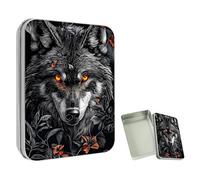 ETLKJVBL Mini Pocket Metal Tin with Lid, Black Wolf Surrounded by Flowers 3.5"x2.4"x0.7" Small Portable Pill Box & Mint Case - Cute EDC Travel Organizer for Earbuds, Jewelry & Coins