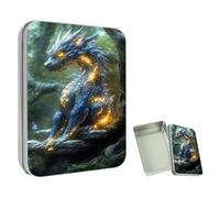 ETLKJVBL Mini Pocket Metal Tin with Lid, Blue Dragon with Glowing Gold Veins 3.5"x2.4"x0.7" Small Portable Pill Box & Mint Case - Cute EDC Travel Organizer for Earbuds, Jewelry & Coins