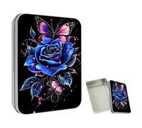 ETLKJVBL Mini Pocket Metal Tin with Lid, Blue Rose Butterfly 3.5"x2.4"x0.7" Small Portable Pill Box & Mint Case - Cute EDC Travel Organizer for Earbuds, Jewelry & Coins