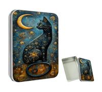 ETLKJVBL Mini Pocket Metal Tin with Lid, Celestial Black Cat with Golden Stars 3.5"x2.4"x0.7" Small Portable Pill Box & Mint Case - Cute EDC Travel Organizer for Earbuds, Jewelry & Coins