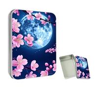 ETLKJVBL Mini Pocket Metal Tin with Lid, Cherry Blossoms Moon 3.5"x2.4"x0.7" Small Portable Pill Box & Mint Case - Cute EDC Travel Organizer for Earbuds, Jewelry & Coins