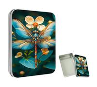 ETLKJVBL Mini Pocket Metal Tin with Lid, Colorful Dragonfly on Flower 3.5"x2.4"x0.7" Small Portable Pill Box & Mint Case - Cute EDC Travel Organizer for Earbuds, Jewelry & Coins