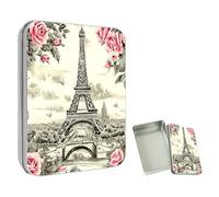 ETLKJVBL Mini Pocket Metal Tin with Lid, Eiffel Tower Pink Rose 3.5"x2.4"x0.7" Small Portable Pill Box & Mint Case - Cute EDC Travel Organizer for Earbuds, Jewelry & Coins