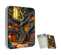 ETLKJVBL Mini Pocket Metal Tin with Lid, Enchanted Tree Library Mansion 3.5"x2.4"x0.7" Small Portable Pill Box & Mint Case - Cute EDC Travel Organizer for Earbuds, Jewelry & Coins