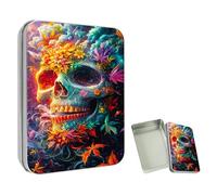 ETLKJVBL Mini Pocket Metal Tin with Lid, Floral Skull with Colorful Smoke 3.5"x2.4"x0.7" Small Portable Pill Box & Mint Case - Cute EDC Travel Organizer for Earbuds, Jewelry & Coins