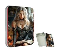 ETLKJVBL Mini Pocket Metal Tin with Lid, Gothic Witch with Black Cat and Spellbook 3.5"x2.4"x0.7" Small Portable Pill Box & Mint Case - Cute EDC Travel Organizer for Earbuds, Jewelry & Coins