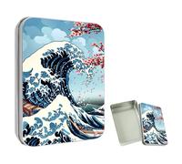 ETLKJVBL Mini Pocket Metal Tin with Lid, Great Wave Cherry Blossoms 3.5"x2.4"x0.7" Small Portable Pill Box & Mint Case - Cute EDC Travel Organizer for Earbuds, Jewelry & Coins