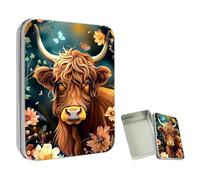 ETLKJVBL Mini Pocket Metal Tin with Lid, Highland Cow Flower 3.5"x2.4"x0.7" Small Portable Pill Box & Mint Case - Cute EDC Travel Organizer for Earbuds, Jewelry & Coins
