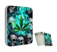 ETLKJVBL Mini Pocket Metal Tin with Lid, Leaf and Skull 3.5"x2.4"x0.7" Small Portable Pill Box & Mint Case - Cute EDC Travel Organizer for Earbuds, Jewelry & Coins