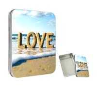 ETLKJVBL Mini Pocket Metal Tin with Lid, Love on Beach 3.5"x2.4"x0.7" Small Portable Pill Box & Mint Case - Cute EDC Travel Organizer for Earbuds, Jewelry & Coins