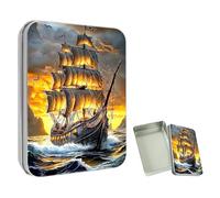ETLKJVBL Mini Pocket Metal Tin with Lid, Pirate Ship Sailing 3.5"x2.4"x0.7" Small Portable Pill Box & Mint Case - Cute EDC Travel Organizer for Earbuds, Jewelry & Coins