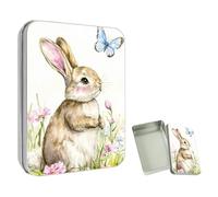 ETLKJVBL Mini Pocket Metal Tin with Lid, Rabbit Butterfly Floral Glade 3.5"x2.4"x0.7" Small Portable Pill Box & Mint Case - Cute EDC Travel Organizer for Earbuds, Jewelry & Coins