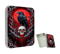 ETLKJVBL Mini Pocket Metal Tin with Lid, Raven on Skull with Red Moon 3.5"x2.4"x0.7" Small Portable Pill Box & Mint Case - Cute EDC Travel Organizer for Earbuds, Jewelry & Coins