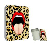 ETLKJVBL Mini Pocket Metal Tin with Lid, Red Lips Against Leopard Pattern 3.5"x2.4"x0.7" Small Portable Pill Box & Mint Case - Cute EDC Travel Organizer for Earbuds, Jewelry & Coins