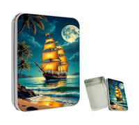 ETLKJVBL Mini Pocket Metal Tin with Lid, Sailing Ship by Moonlit Beach 3.5"x2.4"x0.7" Small Portable Pill Box & Mint Case - Cute EDC Travel Organizer for Earbuds, Jewelry & Coins