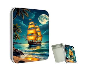 ETLKJVBL Mini Pocket Metal Tin with Lid, Sailing Ship by Moonlit Beach 3.5"x2.4"x0.7" Small Portable Pill Box & Mint Case - Cute EDC Travel Organizer for Earbuds, Jewelry & Coins