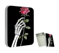 ETLKJVBL Mini Pocket Metal Tin with Lid, Skeletal Hand Hold Rose 3.5"x2.4"x0.7" Small Portable Pill Box & Mint Case - Cute EDC Travel Organizer for Earbuds, Jewelry & Coins