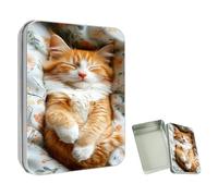 ETLKJVBL Mini Pocket Metal Tin with Lid, Sleeping Ginger Cat On Floral Bedding 3.5"x2.4"x0.7" Small Portable Pill Box & Mint Case - Cute EDC Travel Organizer for Earbuds, Jewelry & Coins