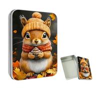 ETLKJVBL Mini Pocket Metal Tin with Lid, Squirrel with Acorn and Knit Hat 3.5"x2.4"x0.7" Small Portable Pill Box & Mint Case - Cute EDC Travel Organizer for Earbuds, Jewelry & Coins