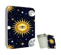ETLKJVBL Mini Pocket Metal Tin with Lid, Sun Moon Stars Constellations 3.5"x2.4"x0.7" Small Portable Pill Box & Mint Case - Cute EDC Travel Organizer for Earbuds, Jewelry & Coins