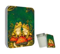 ETLKJVBL Mini Pocket Metal Tin with Lid, Two Frogs Sitting on Mushrooms 3.5"x2.4"x0.7" Small Portable Pill Box & Mint Case - Cute EDC Travel Organizer for Earbuds, Jewelry & Coins