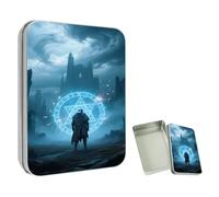 ETLKJVBL Mini Pocket Metal Tin with Lid, Warrior Before Magical Portal 3.5"x2.4"x0.7" Small Portable Pill Box & Mint Case - Cute EDC Travel Organizer for Earbuds, Jewelry & Coins