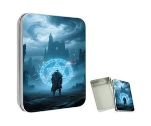 ETLKJVBL Mini Pocket Metal Tin with Lid, Warrior Before Magical Portal 3.5"x2.4"x0.7" Small Portable Pill Box & Mint Case - Cute EDC Travel Organizer for Earbuds, Jewelry & Coins