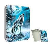 ETLKJVBL Mini Pocket Metal Tin with Lid, Wolf Howling at the Moon 3.5"x2.4"x0.7" Small Portable Pill Box & Mint Case - Cute EDC Travel Organizer for Earbuds, Jewelry & Coins