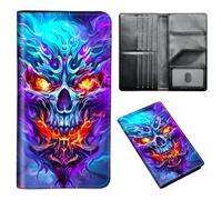 ETLKJVBL - Passport Holder for Travel Accessories, Leather Passport Cover with Space for Family Documents and Photos, Credit Card Wallet for Women Men, 5, Evil Skull with Colorful Flames, Art Deco
