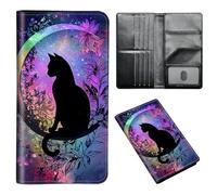 ETLKJVBL - Passport Holder for Travel Accessories, Leather Passport Cover with Space for Family Documents and Photos, Travel Credit Card Wallet for Women and, Black cat sitting on the moon, Art Deco