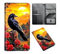 ETLKJVBL Passport Holder for Travel Accessory, Leather Passport Cover with Space for Documents and Family Photos, Travel Passport Credit Card Wallet for Women Men-8, Black Crow Roses, Art Deco