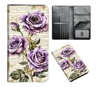 ETLKJVBL Passport Holder for Travel Accessory, Leather Passport Cover with Space for Documents and Family Photos, Travel Passport Credit Card Wallet for Women Men-14, Watercolor Paint of Purple Roses