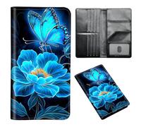 ETLKJVBL Passport Holder for Travel Accessory, Leather Passport Cover with Space for Documents and Family Photos, Travel Passport Credit Card Wallet for Women Men-6, Blue Butterfly Flower, Art Deco