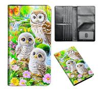 ETLKJVBL Passport Holder for Travel Accessory, Leather Passport Cover with Space for Documents and Family Photos, Travel Passport Credit Card Wallet for Women Men-15, Owls Spring Flowers, Art Deco