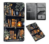 ETLKJVBL Passport Holder for Travel Accessory, Leather Passport Cover with Space for Documents and Family Photos, Travel Passport Credit Card Wallet for Women Men-3, Shelf Filled with Books, Art Deco