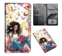 ETLKJVBL Passport Holder for Travel Accessory, Leather Passport Cover with Space for Documents and Family Photos, Travel Passport Credit Card Wallet for Women Men-7, Butterfly Girl Reading, Art Deco