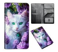 ETLKJVBL Passport Holder for Travel Accessory, Leather Passport Cover with Space for Documents and Family Photos, Travel Passport Credit Card Wallet for Women Men-15, White Cat with Green Eyes, Art