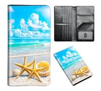 ETLKJVBL Passport Holder for Travel Accessory, Leather Passport Cover with Space for Documents and Family Photos, Travel Passport Credit Card Wallet for Women Men-12, Two Starfish on the Beach, Art