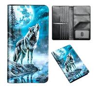 ETLKJVBL Passport Holder for Travel Accessory, Leather Passport Cover with Space for Documents and Family Photos, Travel Passport Credit Card Wallet for Women Men-14, Wolf Howling at the Moon, Art