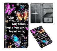 ETLKJVBL Passport Holder for Travel Accessory, Leather Passport Cover with Space for Documents and Family Photos, Travel Passport Credit Card Wallet for Women Men-13, Butterfly Live Every Moment, Art