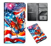 ETLKJVBL Passport Holder for Travel Accessory, Leather Passport Cover with Space for Documents and Family Photos, Travel Passport Credit Card Wallet for Women Men-3, American Flag Butterfly, Art Deco