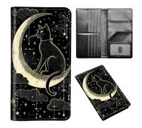 ETLKJVBL Passport Holder for Travel Accessory, Leather Passport Cover with Space for Documents and Family Photos, Travel Passport Credit Card Wallet for Women Men-9, Black Cat Moon Star, Art Deco