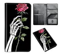 ETLKJVBL Passport Holder for Travel Accessory, Leather Passport Cover with Space for Documents and Family Photos, Travel Passport Credit Card Wallet for Women Men-8, Skeletal Hand Hold Rose, Art Deco